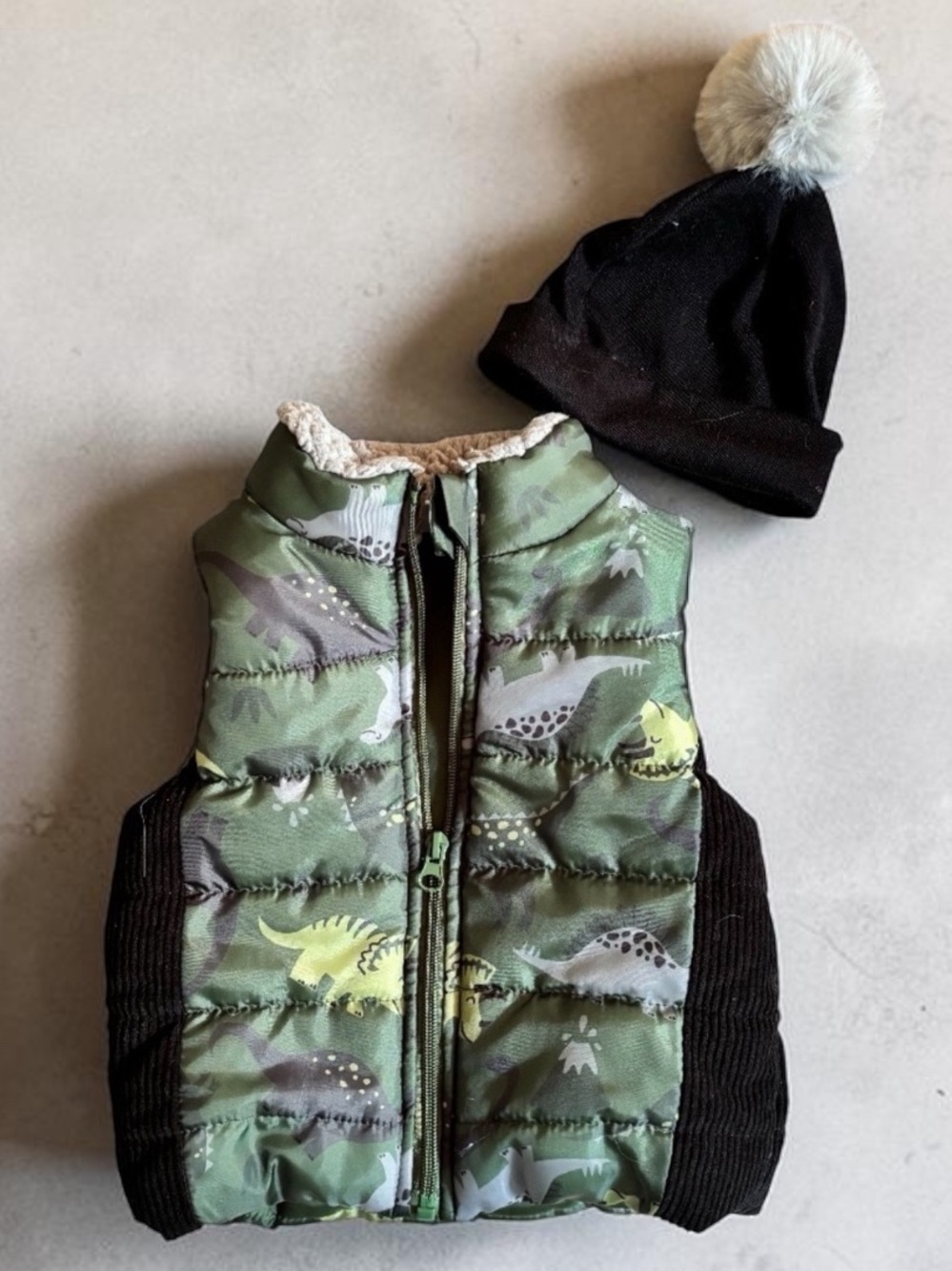 🎉 (18m) Max & Marcus Toddler Boy Dino Puffer Vest + Black Faux Pom Beanie